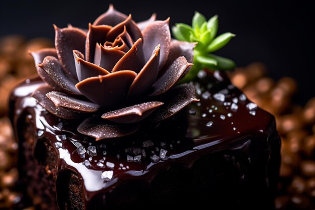 Gros plan alléchant d'un gâteau au chocolat succulent se concentrant sur les couches décadentes et les miettes humides