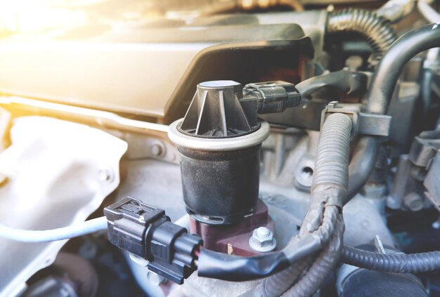 Gros plan sur l'ancienne recirculation des gaz d'échappement dans le compartiment moteur pour réduire le monoxyde de carbone de l'échappement. concept de pièce automobile.