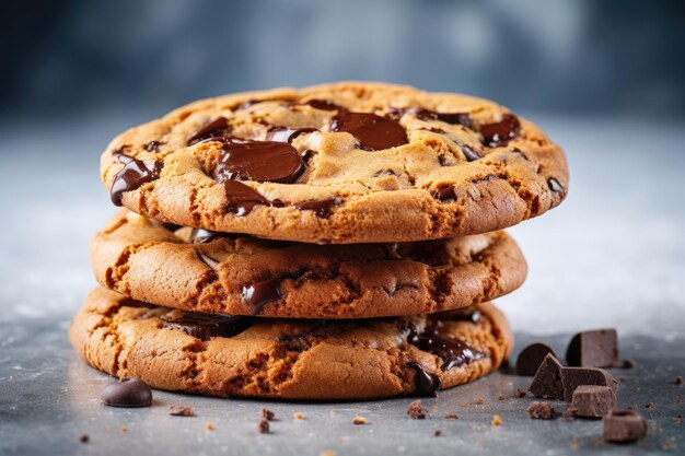 Gros plan d'appétissants biscuits aux pépites de chocolat américains avec du chocolat sur un fond en marbre clair