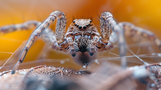 Photo un gros plan d'une araignée brune avec de grands yeux verts sur un fond brun l'araignée est en focus et le fond est flou