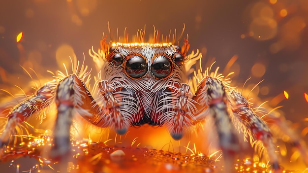 Photo un gros plan d'une araignée sautante avec un fond orange flou l'araignée est en focus et ses yeux reflètent la lumière