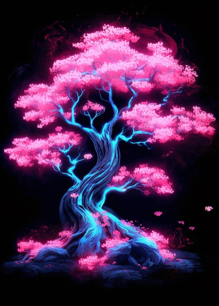 Un gros plan d'un arbre avec une lumière rose dessus