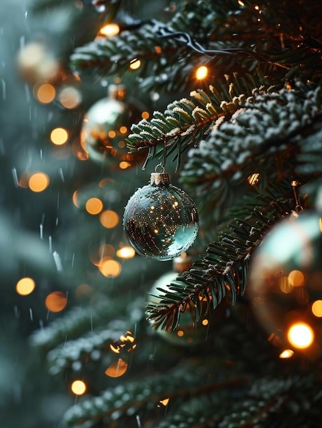 un gros plan d'un arbre de Noël avec des lumières en arrière-plan
