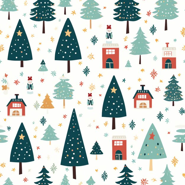 un gros plan d'un arbre de Noël et des maisons avec de la neige générative ai