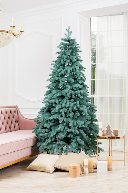 Gros plan d'arbre de Noël sans jouets avec des cadeaux. Bon esprit du nouvel an. Arbre de Noël vert à l'intérieur de la maison