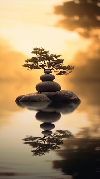 Photo un gros plan d'un arbre sur un rocher dans l'eau ai générative