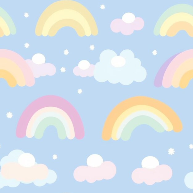 un gros plan d'un arc-en-ciel et d'un motif de nuages sur un fond bleu