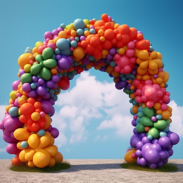 Un gros plan d'une arche colorée faite de ballons sur une plage ai générative