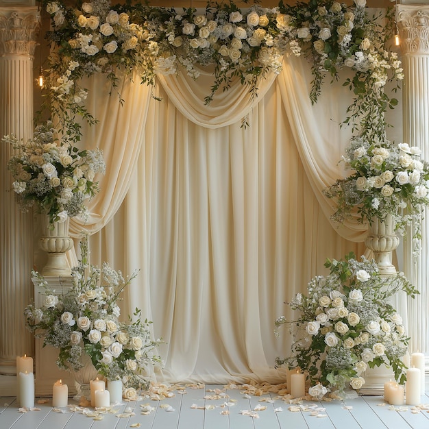 un gros plan d'une arche de mariage avec des bougies et des fleurs