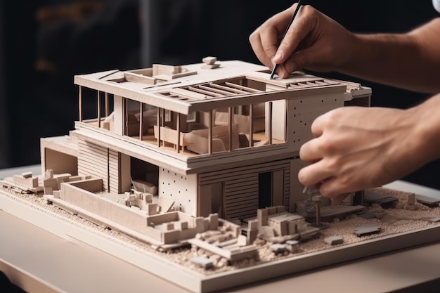 Gros plan d'un architecte ou d'un ingénieur faisant une maison modèle Generative ai