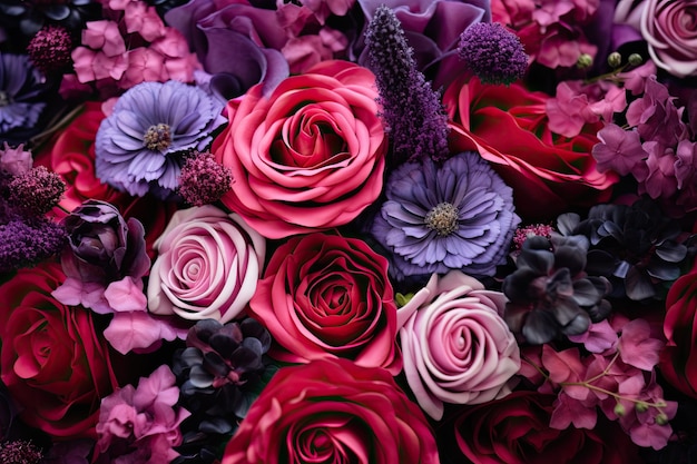 Gros plan d'un arrangement floral mettant en vedette de belles fleurs rouges et roses dans une superbe flore violette