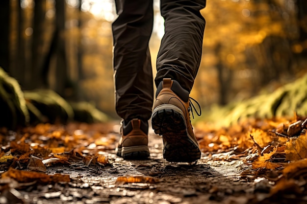 Gros plan arrière des pieds et des jambes du randonneur en bottes de randonnée marchant sur un sentier forestier verdoyant