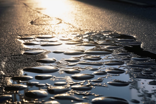 Gros plan d'asphalte humide avec des gouttelettes scintillantes au soleil