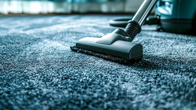 Photo un gros plan de l'aspirateur qui nettoie le tapis bleu dans une maison moderne