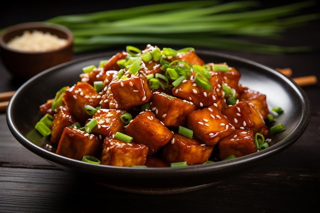 Un gros plan d'une assiette de nourriture avec du tofu et des oignons verts