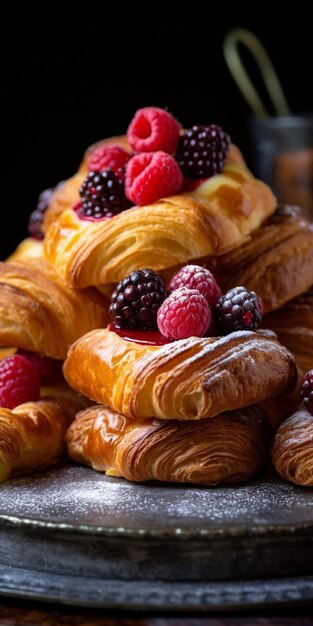 un gros plan d'une assiette de pâtisseries avec des baies sur le dessus ai générative