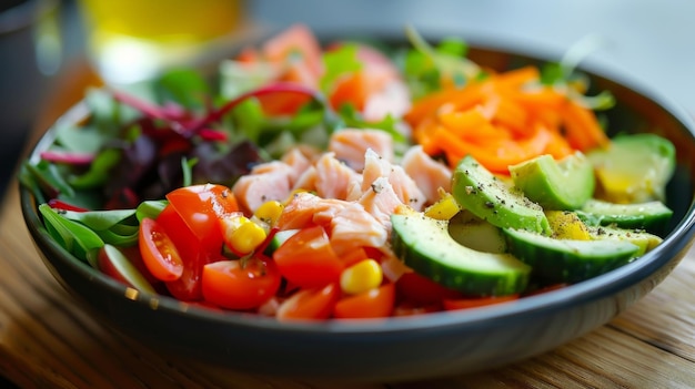 Un gros plan d'une assiette remplie de légumes colorés et de protéines de haute qualité, un aliment de base sur le
