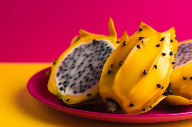 Gros plan d&#39;une assiette de tranches de fruit du dragon sur fond jaune