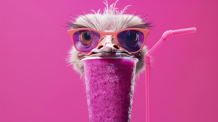Photo un gros plan d'une autruche drôle portant des lunettes de soleil et buvant un milk-shake rose à travers une paille
