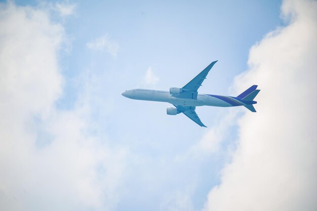 Gros plan sur un avion volant contre un ciel nuageux