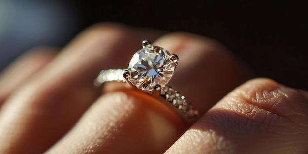 Un gros plan d'une bague de fiançailles sur un doigt mettant en valeur son diamant étincelant