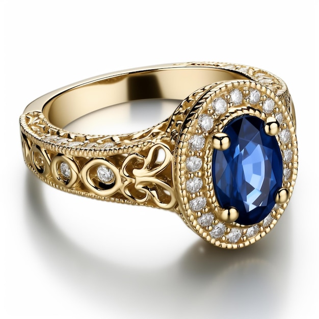 un gros plan d'une bague en or avec une pierre bleue entourée de diamants ai génératif