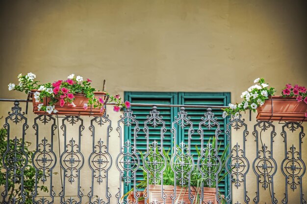 Gros plan d'un balcon avec des pots de fleurs en Toscane Italie