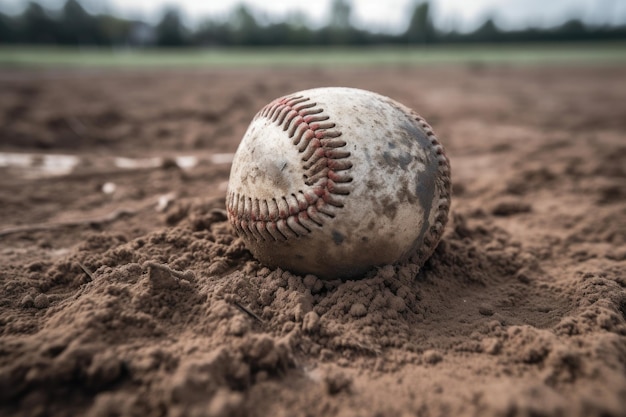 Gros plan d'une balle de baseball couverte de terre sur un terrain de sport vide créé avec une IA générative