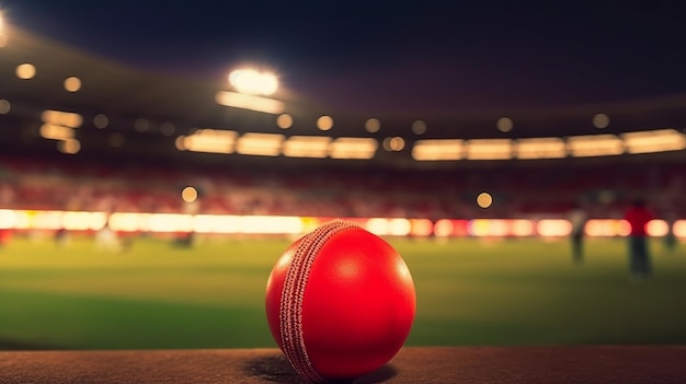 Photo gros plan sur une balle de cricket rouge dans le stade generative ai