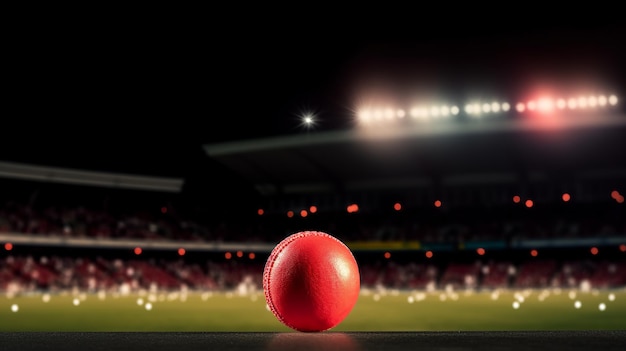 Gros plan sur une balle de cricket rouge dans le stade Generative Ai