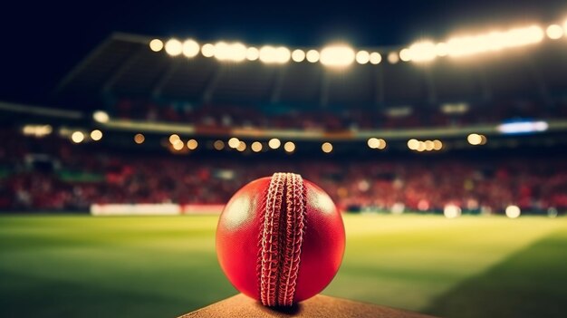 Gros plan sur une balle de cricket rouge dans le stade Generative Ai