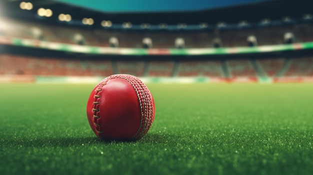 Gros plan sur une balle de cricket rouge dans le stade Generative Ai