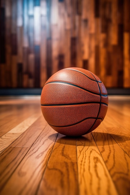 Gros plan d'un ballon de basket sur un terrain en bois créé avec une IA générative