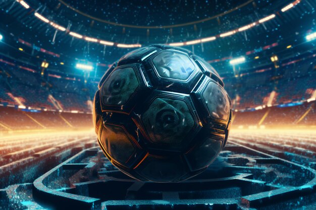 gros plan d'un ballon de football au centre du stade éclairé par les phares ai génératif