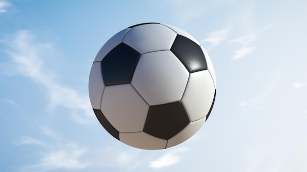 Gros plan sur un ballon de football en vol Le ciel en arrière-plan