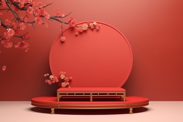 un gros plan d'un banc rouge avec un cerisier en arrière-plan ai générative