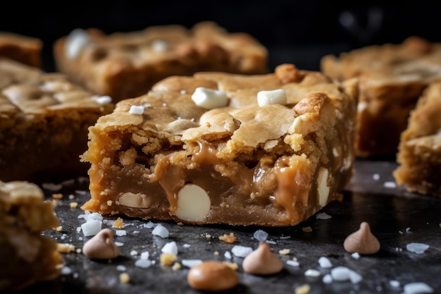 Un gros plan d'une barre de beurre d'arachide avec un tas de pépites de chocolat blanc sur fond noir.