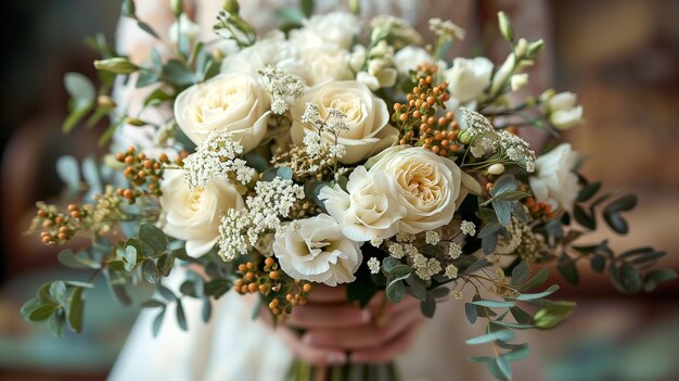 Un gros plan d'un beau bouquet blanc dans la main d'une mariée