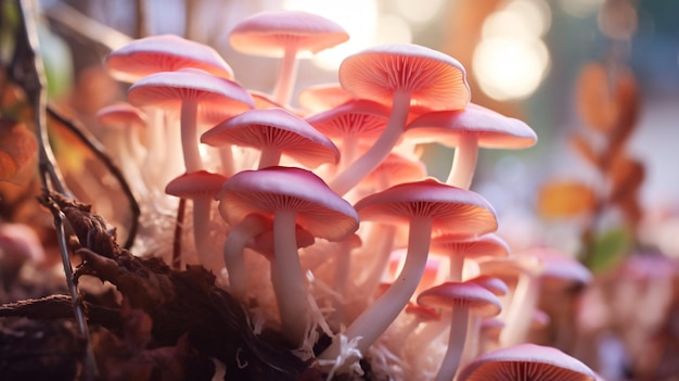 Gros plan d'un beau bouquet de champignons avec une lumière colorée