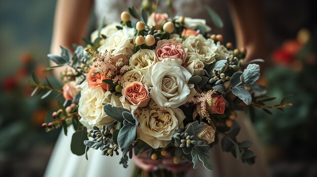 Un gros plan d'un beau bouquet dans la main d'une mariée