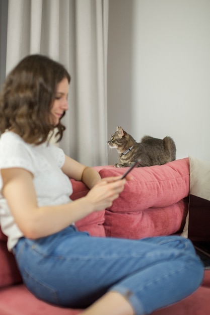 Photo gros plan sur un beau chat avec le propriétaire