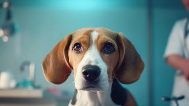 Gros plan d'un beau chien beagle chez le vétérinaire