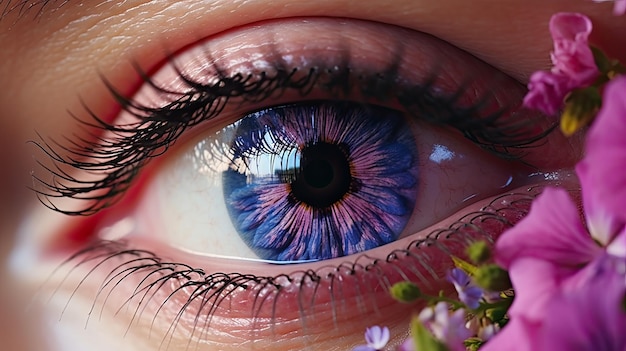 Un gros plan de beaux yeux bleus, des fleurs florales roses et violettes en croissance naturelle dans l'iris des yeux