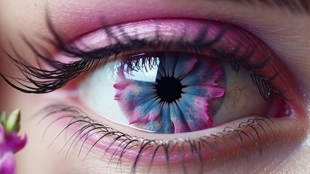 Photo un gros plan de beaux yeux bleus, des fleurs florales roses et violettes en croissance naturelle dans l'iris des yeux