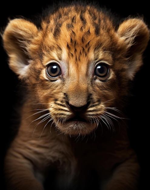 Un gros plan d'un bébé lion sur une image ai générative de fond noir