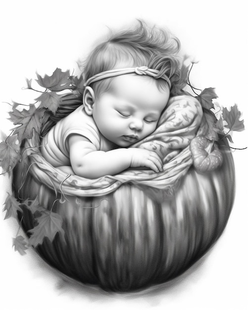 Photo un gros plan d'un bébé qui dort dans une citrouille avec des feuilles génératives ai