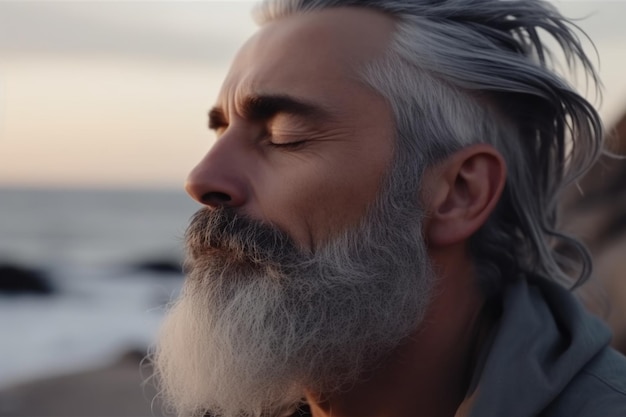 Gros plan d'un bel homme méditant d'âge moyen avec des cheveux gris et une barbe au bord de l'océan