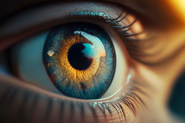 Gros plan d'un bel oeil bleu avec iris jaune