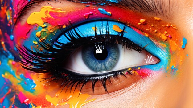 Gros plan d'un bel oeil féminin avec un maquillage multicolore
