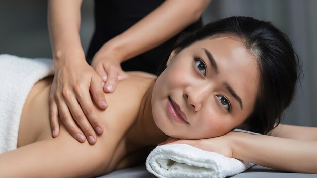 En gros plan, une belle femme asiatique qui fait un massage viscéral.